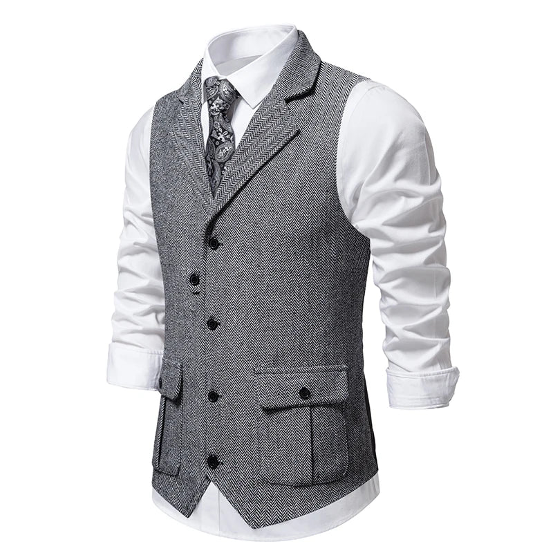 New Men's Retro Lapel Vest Herringbone Coarse Tweed Pockets Suit Vest British Casual Vintage Gentleman Leisure Party Bar Banquet