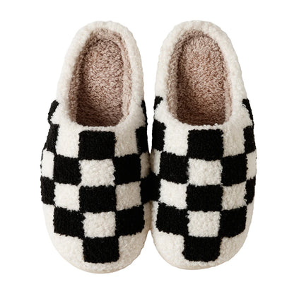 Slippers Classic Checkerboard Embroidered Pattern Women's Winter Indoor Soft Sole Warm Comfy Leisure Bedroom Fuzzy Home Shoes