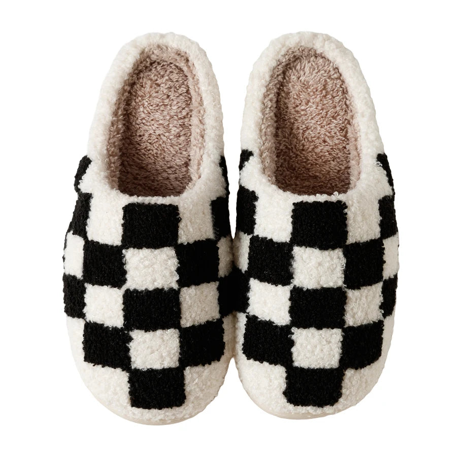 Slippers Classic Checkerboard Embroidered Pattern Women's Winter Indoor Soft Sole Warm Comfy Leisure Bedroom Fuzzy Home Shoes