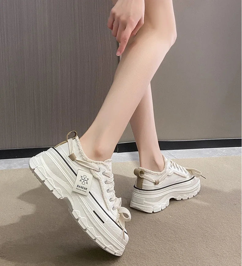 2025 Autumn New Women's Canvas Shoes Round Head Thick Soles Fringed Denim Casual Shoes Increased Height Sports
