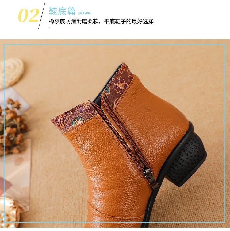 Top layer cowhide 2025 autumn and winter new retro ethnic style feature thick heel buckle splicing versatile women's short boots