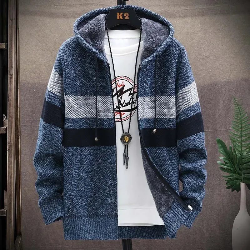 Striped Mens Sweater Coat Thick Fleece Warm Zipper Wool Hooded Cardigan Jumpers Men Long Sleeve Knitted Sweaters Suit Jackets