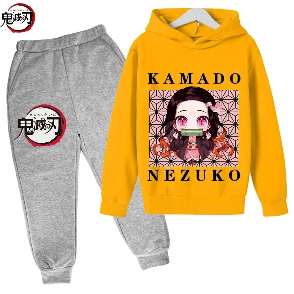 Demon Slayer Anime Tanjiro And Nezuko Kid Hoodie Sweatshirt Child Korean Kpop Street Style Sweatshirt Girl Streetwear Suit