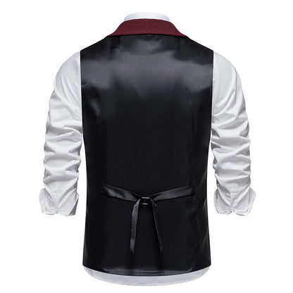 New Men's Retro Lapel Vest Herringbone Coarse Tweed Pockets Suit Vest British Casual Vintage Gentleman Leisure Party Bar Banquet