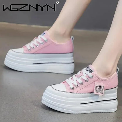 Vulcanized Platform Sneakers Wedge Shoes Non-slip Casual Shoes Women 2025 Autumn Lace-up Comfort Denim Canvas Shoes Thick Sole