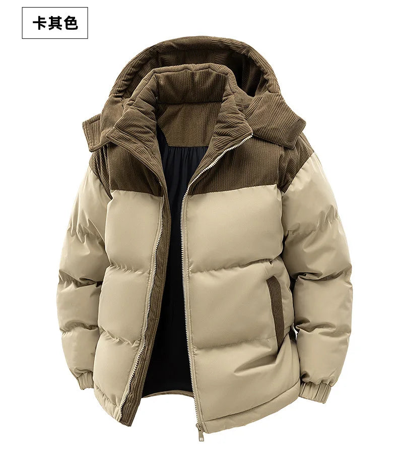 Men's New Winter Cotton Jacket: Fleece-Lined, Thickened for Warmth, with Removable Hood and Stand-Up Collar for Cold Resistance