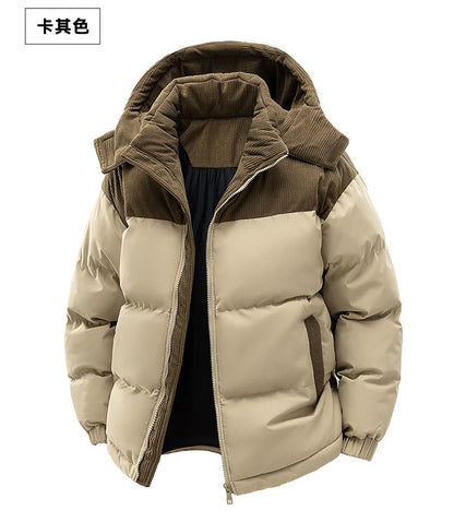 Men's New Winter Cotton Jacket: Fleece-Lined, Thickened for Warmth, with Removable Hood and Stand-Up Collar for Cold Resistance
