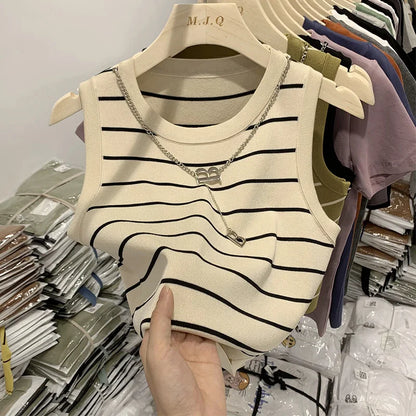AOSSVIAO 2026 New Waistcoat Women Wear Striped Wide Edge Temperament Summer Top Short Knit Sleeveless Bottom Shirt
