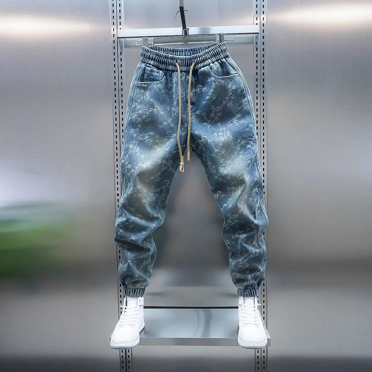 Trendy Men's Spring and Summer New Jeans Light Blue Heavy Industry Jacquard Leggings Thin Designer Luxury Elastic Waist Pants