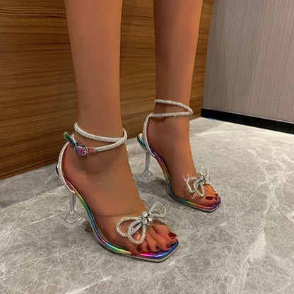 2024 Women's Summer New Fashion Rhinestone Bow Women's Sandals Casual Square Head Open Toe Party Women High Heels Mujer Zapatos