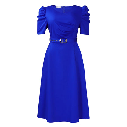Elegant Party Dresses for Women V Neck Short Sleeve Belt Waisted Pleated Mid Calf Luxury Birthday Dinner Vestidos Mujer Dress OL