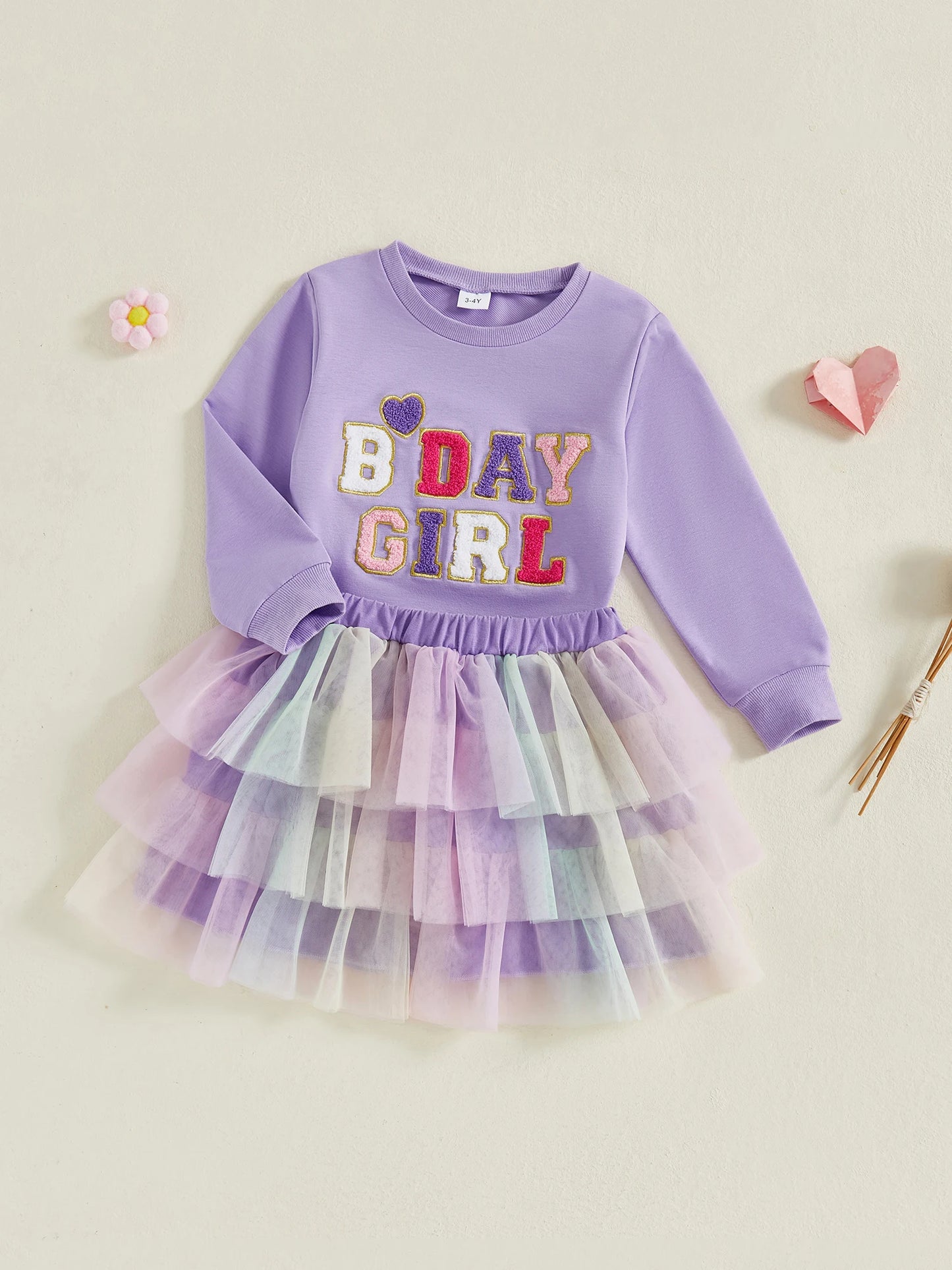Citgeett Autumn Kids Toddler Girl Birthday Outfit Heart Letter Embroidered Long Sleeve Sweatshirt Contrast Tulle Skirt Set
