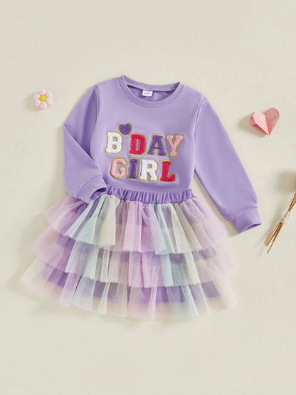 Citgeett Autumn Kids Toddler Girl Birthday Outfit Heart Letter Embroidered Long Sleeve Sweatshirt Contrast Tulle Skirt Set