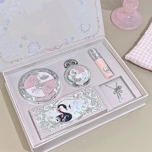 NICEKEY Pink Ballet Makeup Box Include 1*Lip mud,1*Pressed Powder,1*Highlight Powder,1*Eyeshadow Palette Powder With Necklace