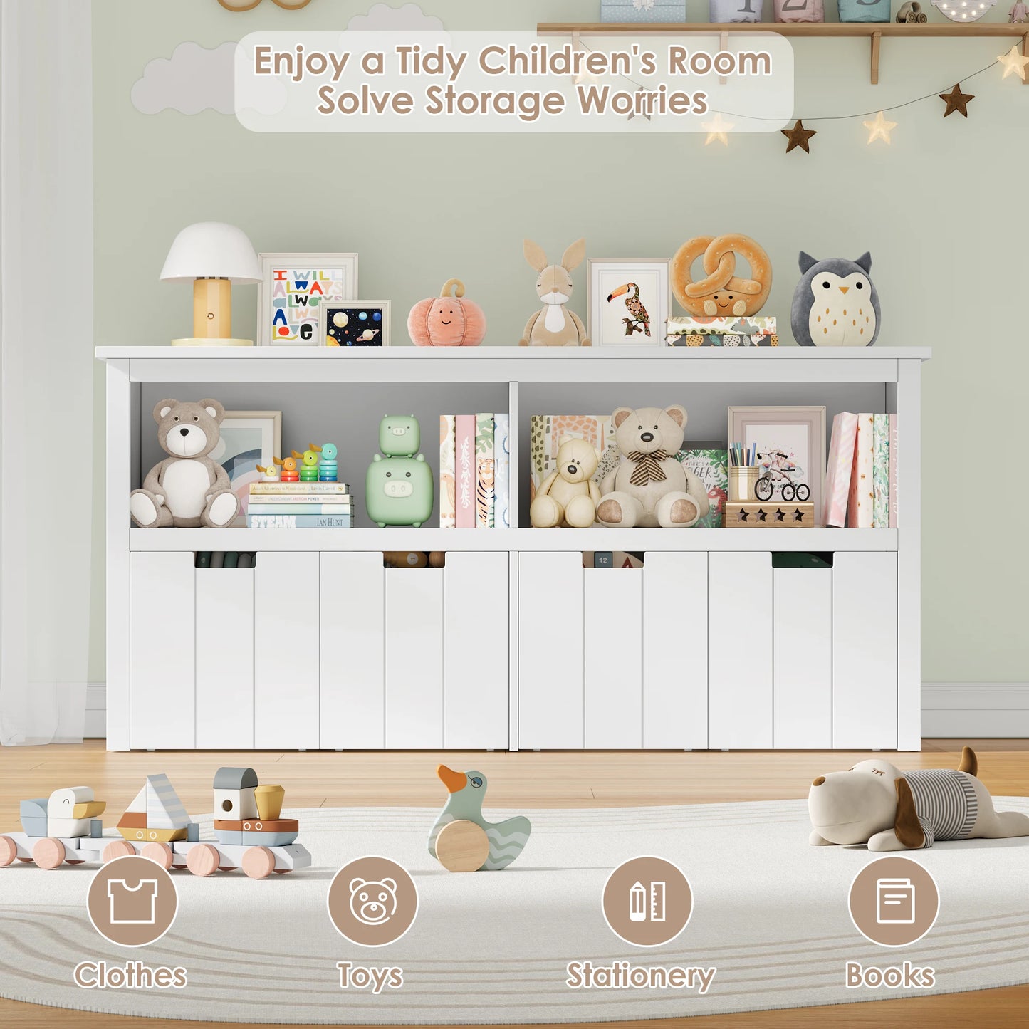 Getone Toy Storage Unit Children's Cabinet with 4 boxing on rolls Kid's room furniture Toys Storage Cabinet 120x33x61.5 cm White