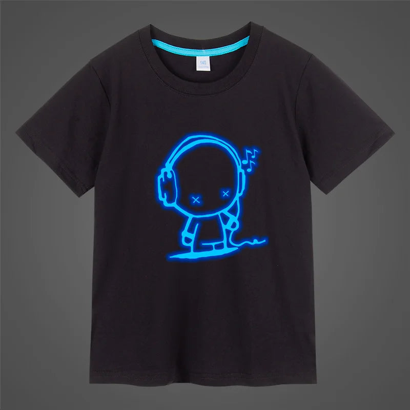 Boys Girls music Print Noctilucence Luminous T-shirts Summer men woman Kids Neon Party Club Night Light Punk Tops Tees