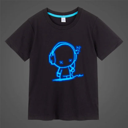 Boys Girls music Print Noctilucence Luminous T-shirts Summer men woman Kids Neon Party Club Night Light Punk Tops Tees