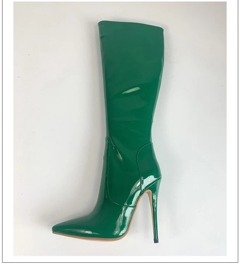 Arden Furtado Patent Leather Skinny boots Pointed toe Side zipper Super high heel Knee high boots Extra large size boots