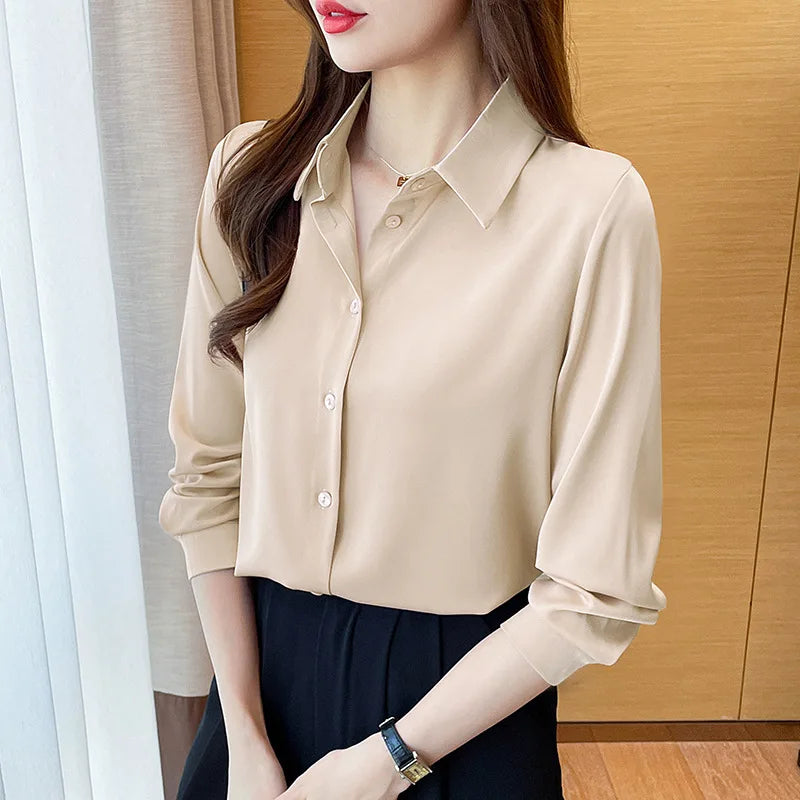Fashion elegant satin shirts solid color ladies shirts causal Women's Blouses Spring Long Sleeve Shirts Tops Blusas Mujer