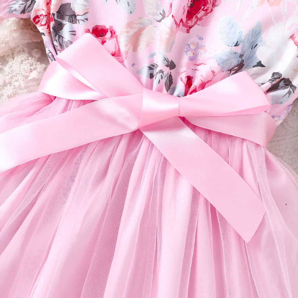 New girls' summer style bubble sleeve flower printed mesh dress