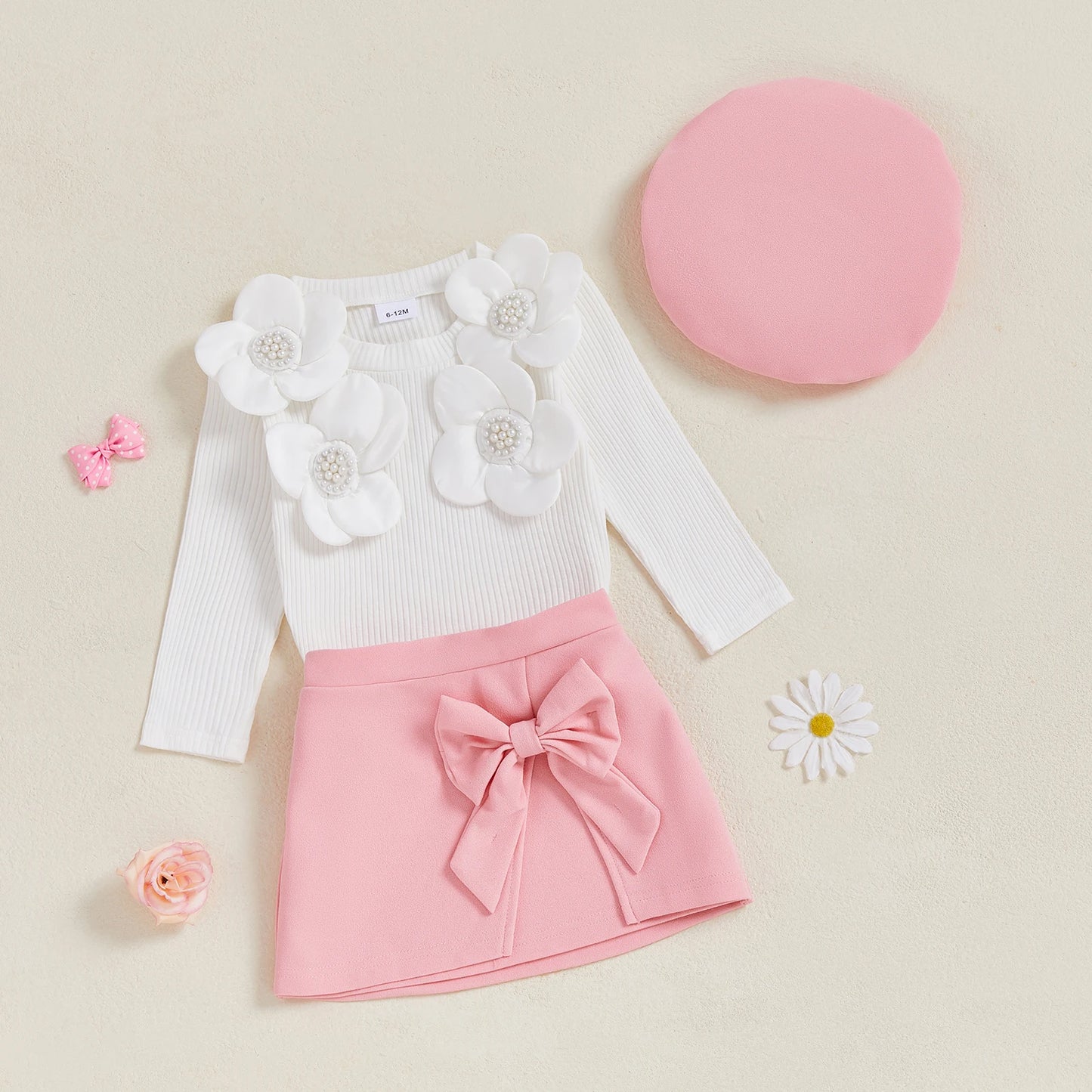FOCUSNORM 0-4Y Fashion Little Kids Girls Autumn Clothes Sets Outfits Long Sleeve 3D Flower Decor Ribbed Tops A-line Skirt Beret