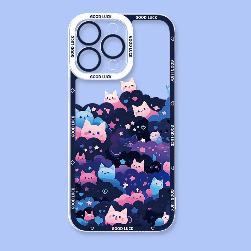 Starry Sky Black Cats Clear Phone Case For iPhone 15 14 13 11 12 16 Pro XS Max Mini XR X SE 7 8 Plus Transparent Cover Fundas