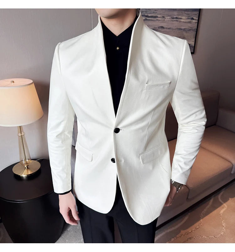 New Blazer Cowhide Velvet Korean Version Business Slim Fit Suit Stand Collar Fashionable Casual Suit Jacket Men Formal Clothing