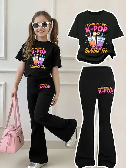 5-12 Year Old Girls' Trendy Milk Tea Outfit: Black Crew Neck T-Shirt with Colorful Printed K-Pop Letters + Gradient Bubble Tea, Cute Pattern Flared Pants Casual Clothes