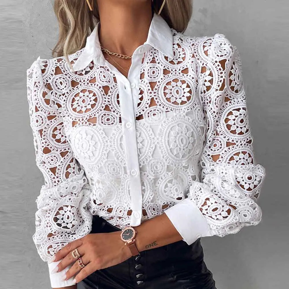 blusas elegantes para mujer 2025 Women White Lace Shirt, Unlined Long Sleeved Shirt, Fashionable Hollowed Out Vintage Top