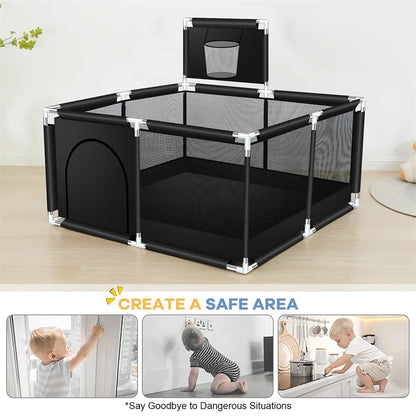 ANGDUO Baby Playpen 50 inch Baby Playard with Basketball Hoop and Breathable Mesh Baby Fence Game Center for Boy and Girls Black