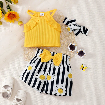 0-2 Year Old Newborn Baby Summer Digital Printed Bow Decoration Casual Daily Wear Headscarf Baby Clothes