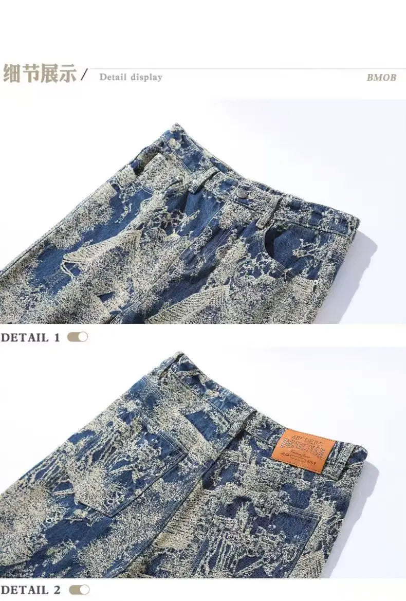 High Street Denim Sets Men's Jacquard Ragged Loose Casual Retro Washed Denim Shirt Style Jacket Jeans Pants