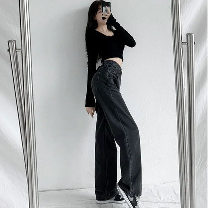 Wide Leg Pants Women Vintage Jeans High Waist Loose Fit Basics Full Length Pockets Button 2025 Casual Denims Straight Trousers