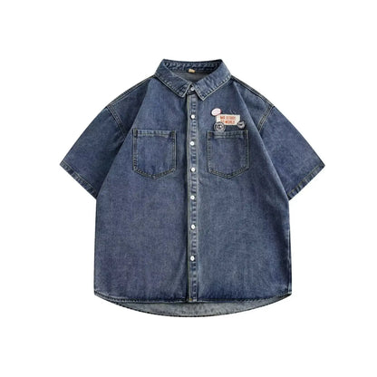 Harajuku Tooling Mens Sets 2024 Summer American Street Retro Denim Suit Hip Hop Printed Cowboy Shirt+Wide Leg Jeans 2-pcs New