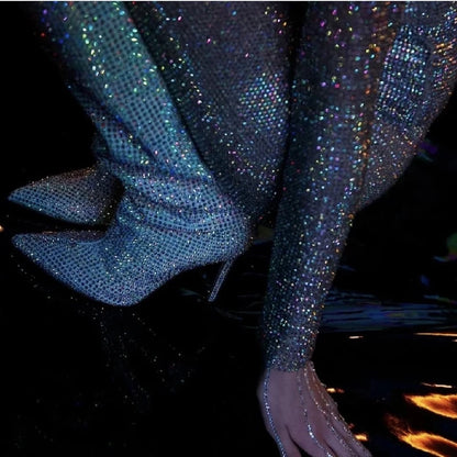 Women Rhinestone Knee High Boots Sexy Lady Pinted Toe Thin Heel Long Boots Woman's Slip-On High Heels Botas Mujer Invierno 2025