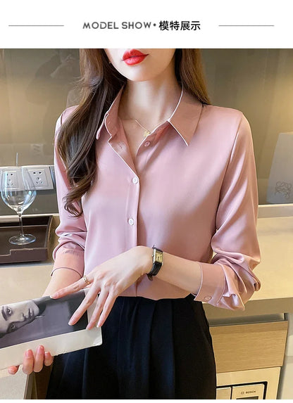 Fashion elegant satin shirts solid color ladies shirts causal Women's Blouses Spring Long Sleeve Shirts Tops Blusas Mujer