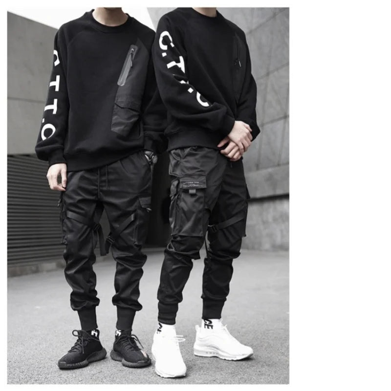 Men's multi pocket ribbed bandage work pants, jogging pants, sports pants, fashionable streetwear, trendy hip-hop loose pants