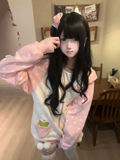 Aoaiiys Japanese Hoodies Women Kawaii Rabbit's Ears Loose Outerwear Strawberry Dot Print Aesthetic Sweatshirt Autumn Winter New
