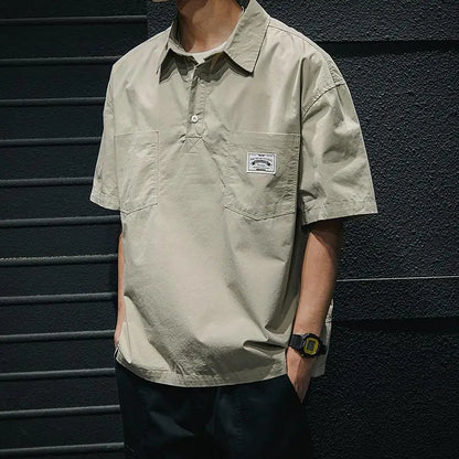 American Retro Men's  irt Summer Loose Workwear ort Sve T-irt Simple Sle Youth Trend ket Design Flat Iron