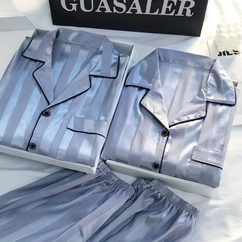 2Pcs/set Ice Silk Women's Pajamas Short Sleeve Short Pants Simulation Silk Home Clothing Solid Color Striped Student Pajamas S L