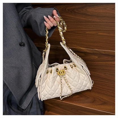 Quilted shoulder underarm bag, large-capacity hobo bag, bucket drawstring chain crossbody bag, women's handbag