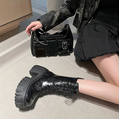 Fashion Platform Mid-calf Boots Black Thick High Heel Punk Short Boots Goth Style Cool Girl Spring Autumn Street Women's Shoes