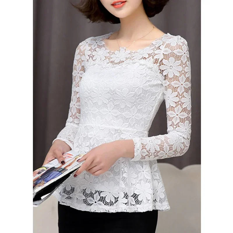 Women blusas blusa longa camisa feminina vintage long sleeve lace blouse plissado topo chemise femme Plus Size S-5XL