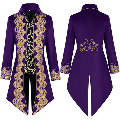 2025 New Blue Lace Tuxedo for Men, Euro- American Medieval Vintage Men's Tailcoat Jacket,medium Length Punk Performance Costume