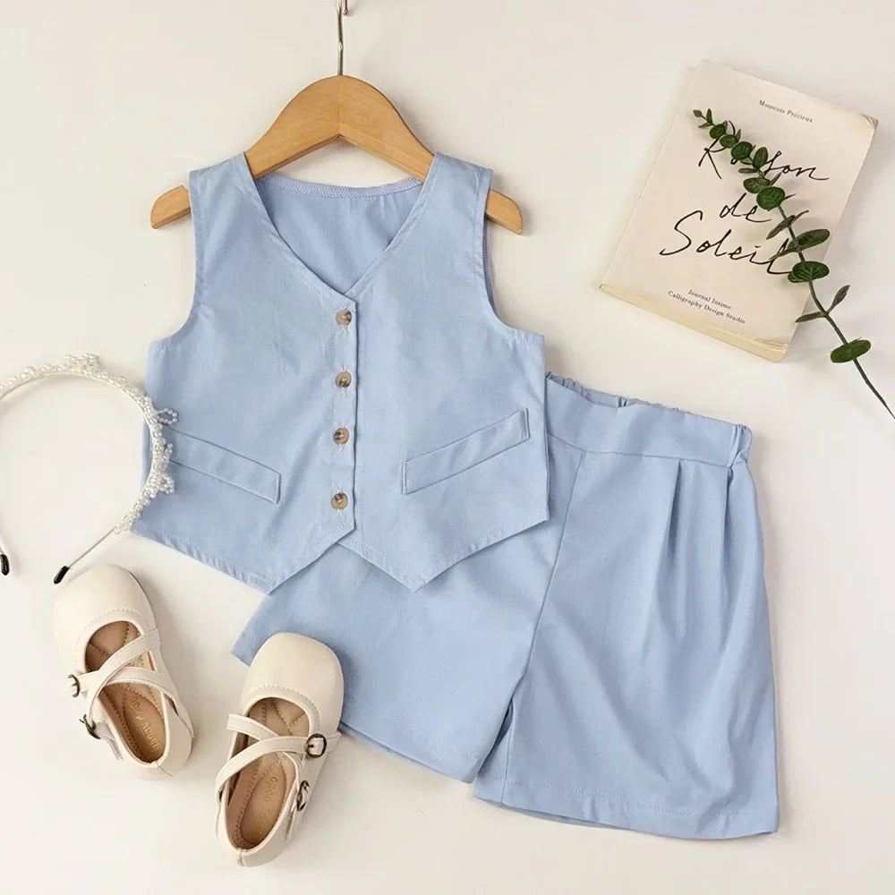 Bear Leader Summer Basic Girls Clothes Korean Version Single Breasted Sleeveless Top+Shorts 2Pcs Sets Gentleman Wedding Boy Suit