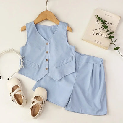 Bear Leader Summer Basic Girls Clothes Korean Version Single Breasted Sleeveless Top+Shorts 2Pcs Sets Gentleman Wedding Boy Suit