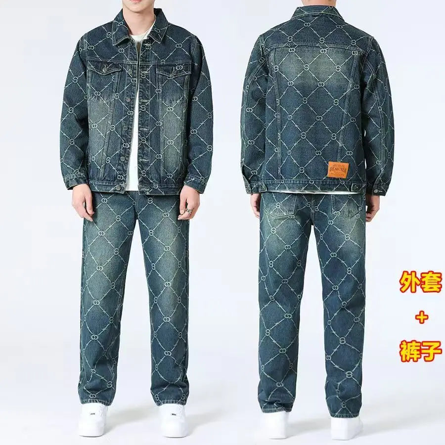 High Street Denim Sets Men's Jacquard Ragged Loose Casual Retro Washed Denim Shirt Style Jacket Jeans Pants