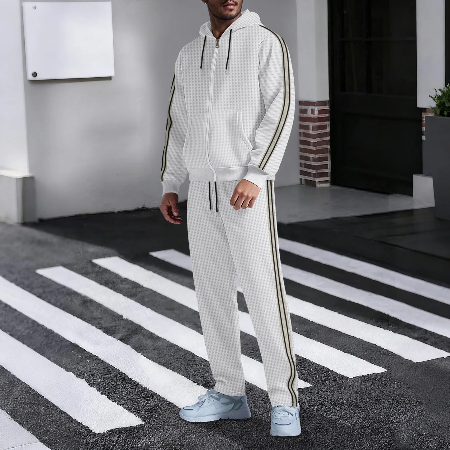 New men's outdoor sports casual hooded cardigan set - autumn fashion trend - pocket lace long-sleeved long pants two-piece set
