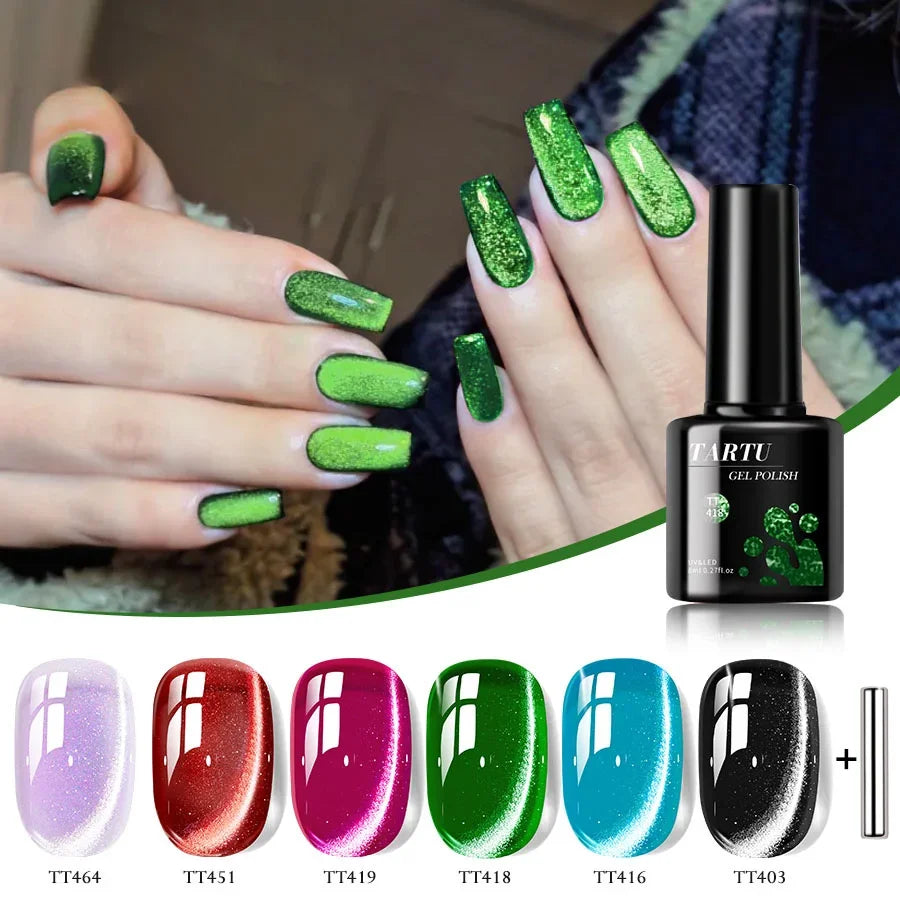 TARTU 6pcs 8ml Nude Pink Red Blue Green Brown Black Cat Eye Nail Gel Set, 6 Colors Semi-permanent Gel Polish Kit, Soak Off Uñas