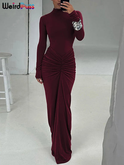 Weird Puss Hipster Ruched Dress Women O-Neck Full Sleeve Skinny Stretch Robe Autumn Trend Simple Classic Pleats Long Bodycon